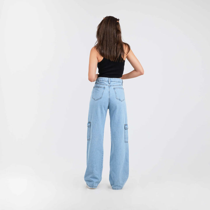 High-Waist Light Wash Flap Pocket Cargo Jeans.