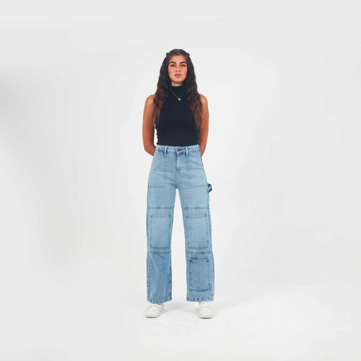 High-Waist Light Wash Rectangular Patch Pockets Straight Leg