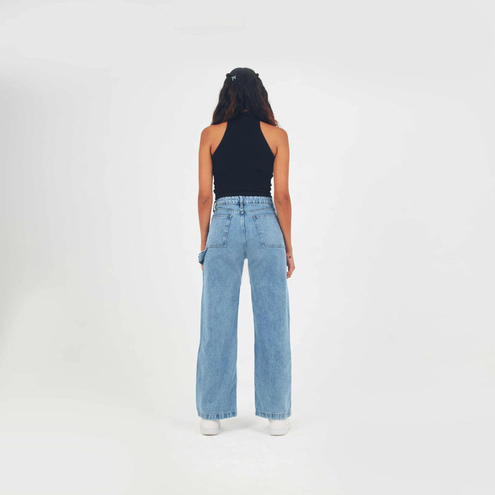 High-Waist Light Wash Rectangular Patch Pockets Straight Leg