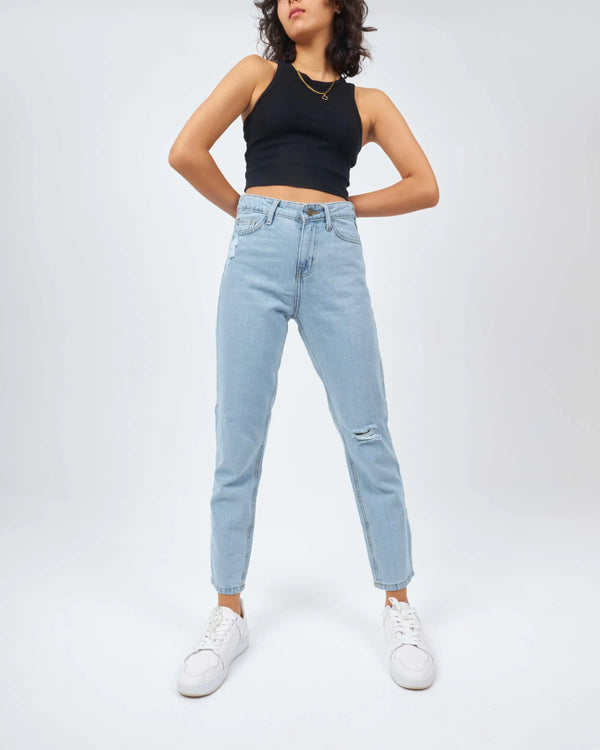 High-Waist Light Wash Ripped Mom-Fit Jeans.