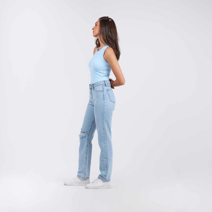 High-Waist Light Wash Ripped Slim Straight Leg Jeans.