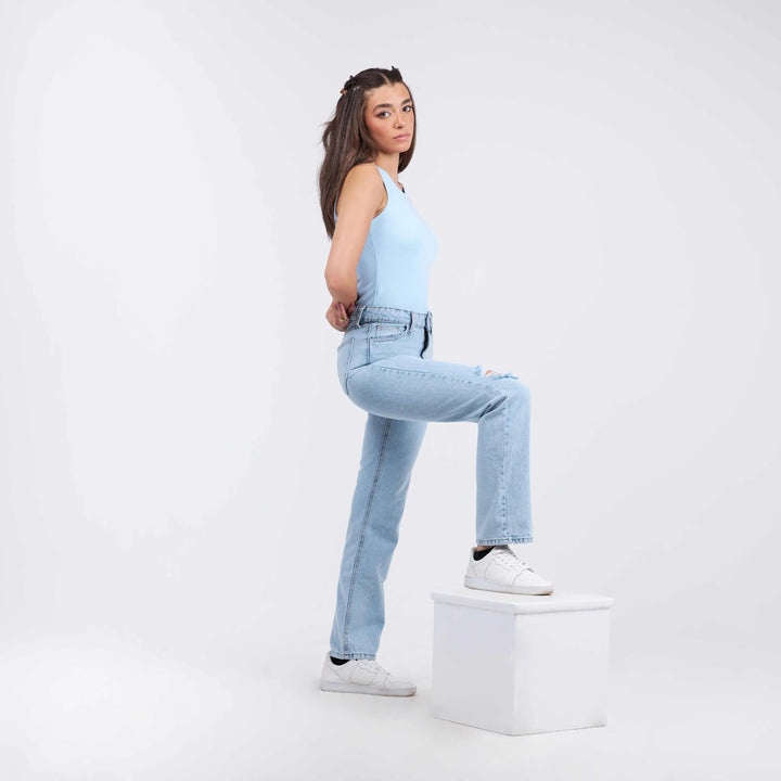 High-Waist Light Wash Ripped Slim Straight Leg Jeans.