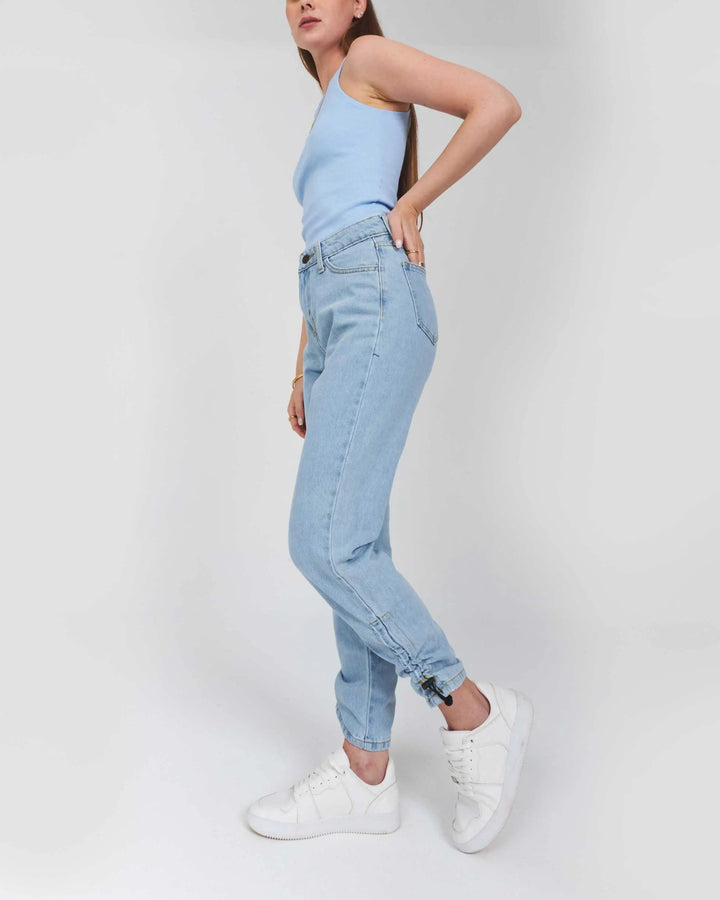 High-Waist Light Wash Side Ankle Drawstring Slim Straight