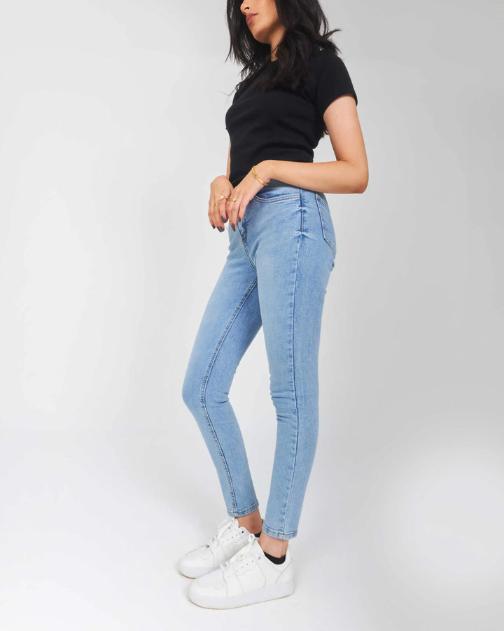 High-Waist Light Wash Skinny Jeans.