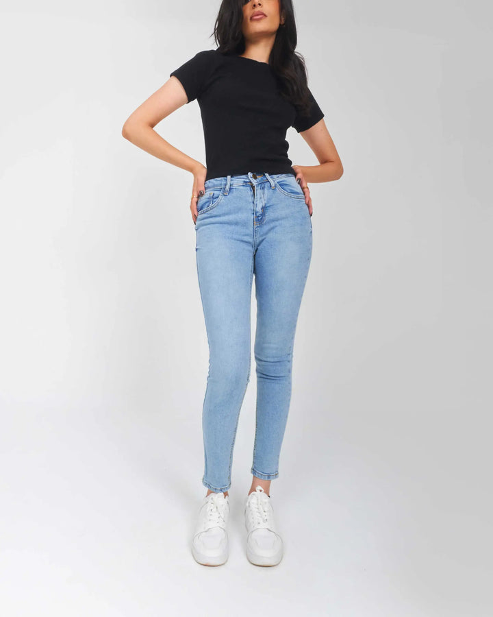 High-Waist Light Wash Skinny Jeans.