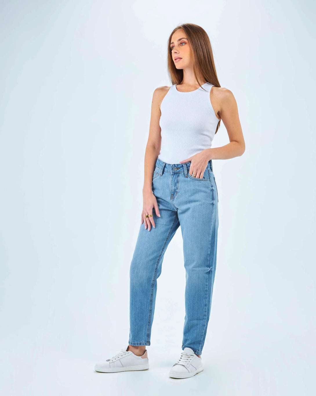 High-Waist Light Washed Mom-Fit Jeans.