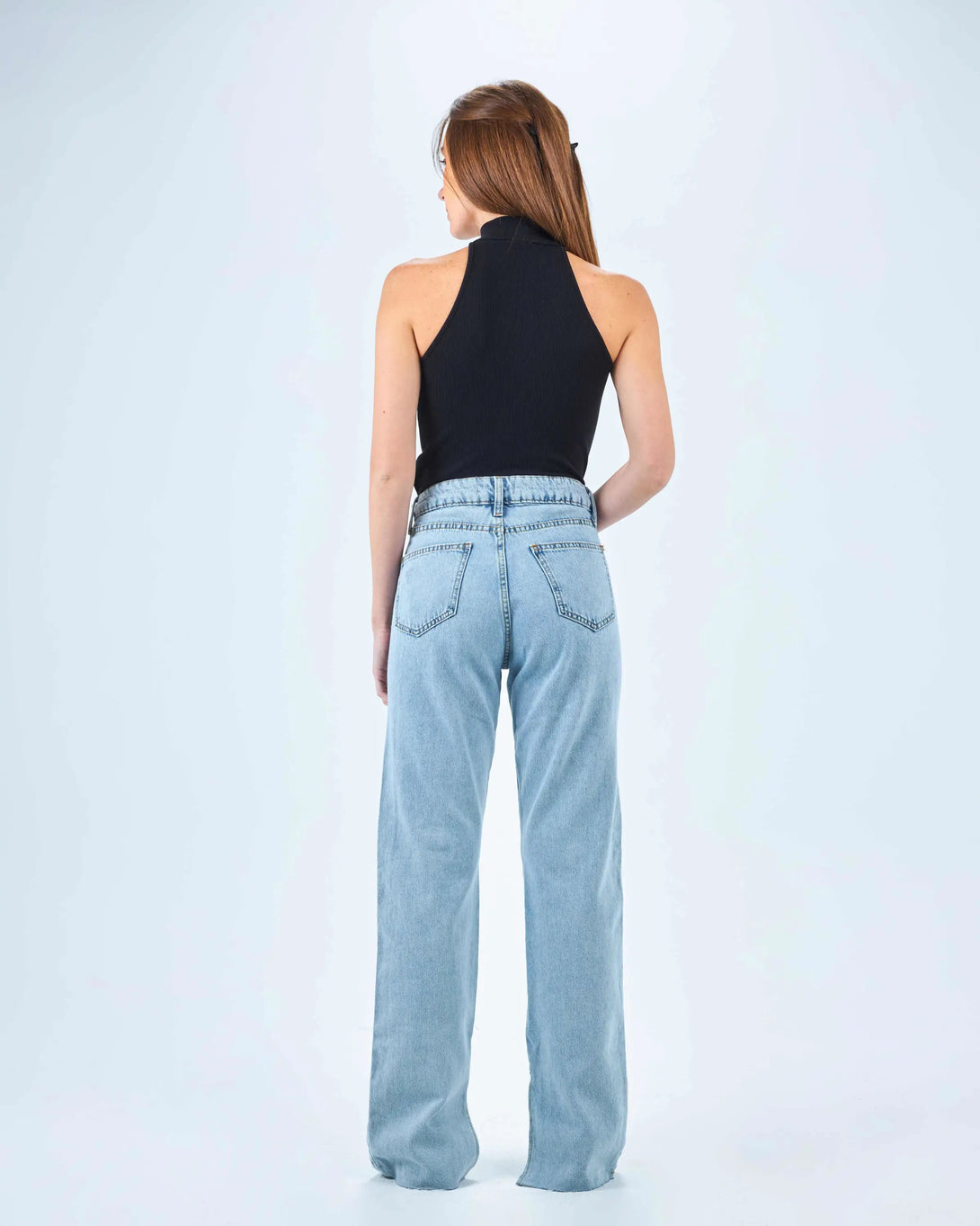 High Waist Light Washed With Side Split Wide Leg Jeans.