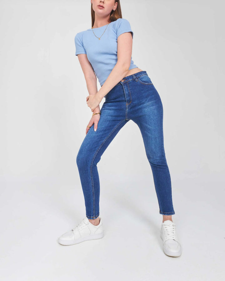 High-Waist Medium Blue Shade Skinny Jeans.