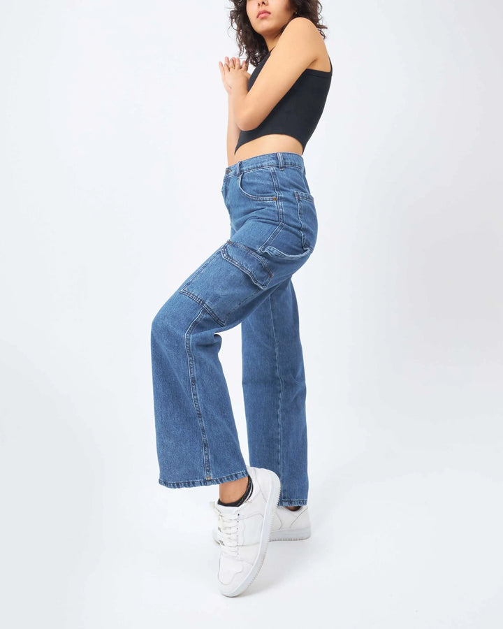 High-Waist Medium Blue Washed Flap Pocket Straight Leg Cargo