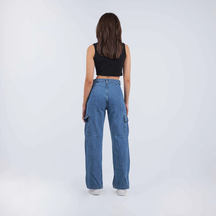 High-Waist Medium Wash Ankle Tie Straight Cargo Jeans.