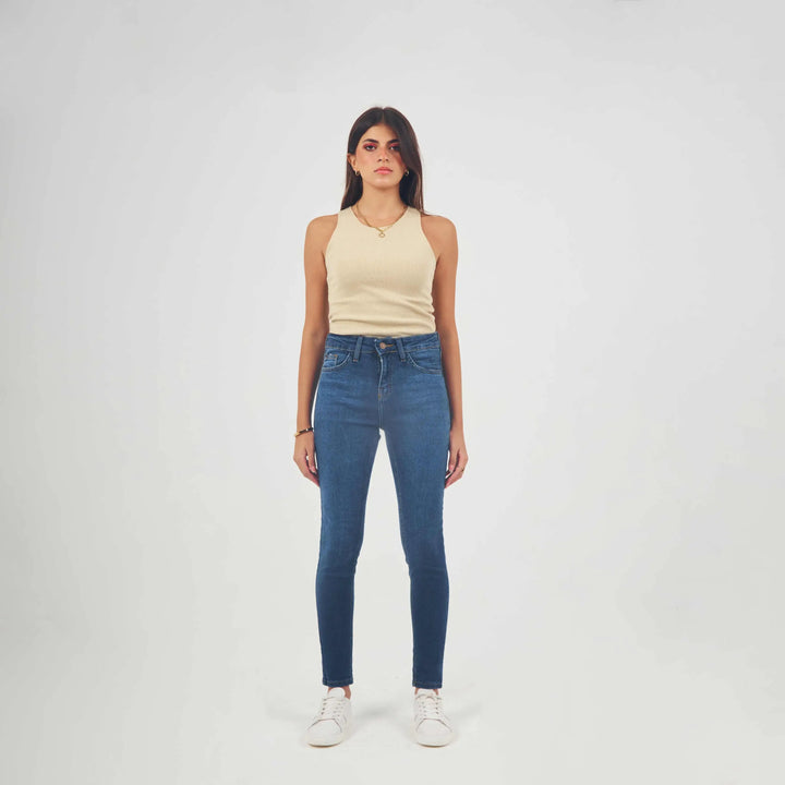 High-Waist Medium Wash Degrade Skinny Jeans.
