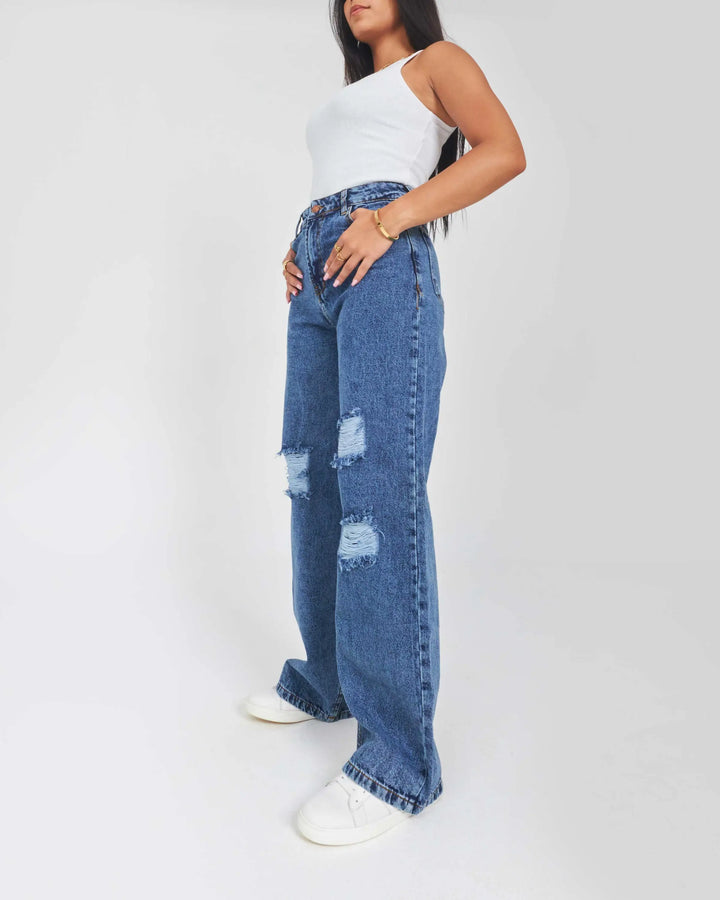 High-Waist Medium Wash Distressed Straight Leg Jeans.