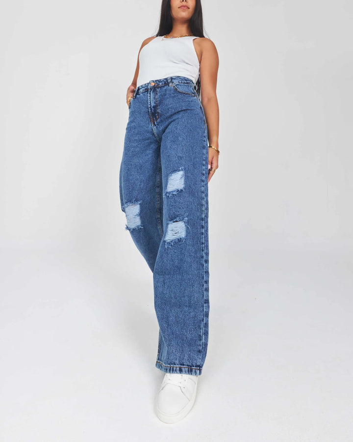 High-Waist Medium Wash Distressed Straight Leg Jeans.