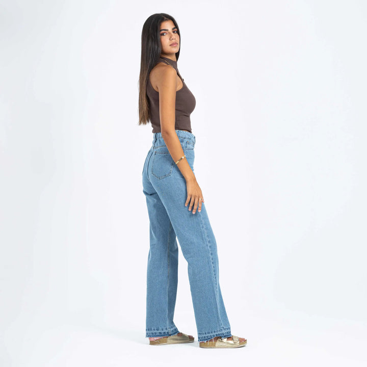 High-Waist Medium Wash Double Waisted Straight Leg Jeans.