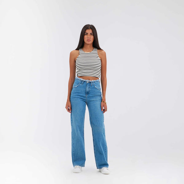 High-Waist Medium Wash Frayed Waistband Straight Leg Jeans.
