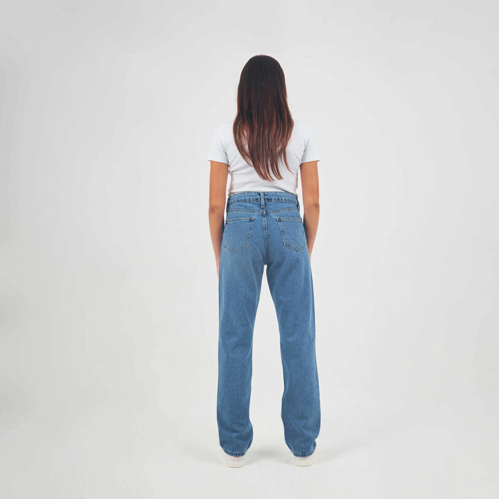 High-Waist Medium Wash Ripped Straight Leg Jeans.