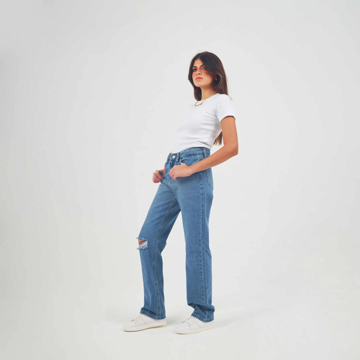 High-Waist Medium Wash Ripped Straight Leg Jeans.