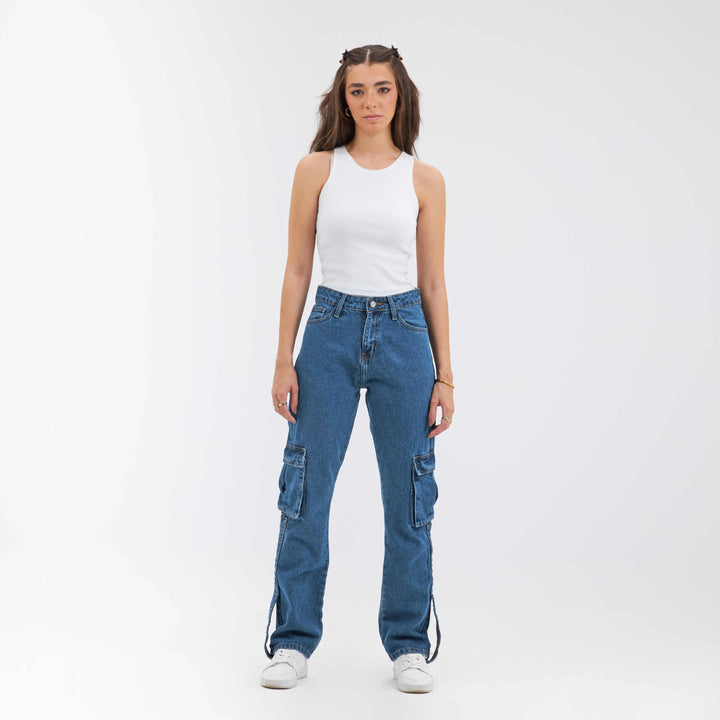 High-Waist Medium Wash Slim Straight Leg Cargo Jeans.