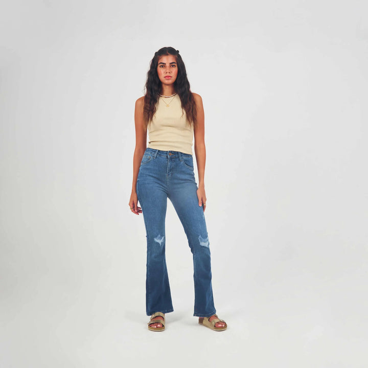 High Waist Medium washed Distressed Flare Jeans