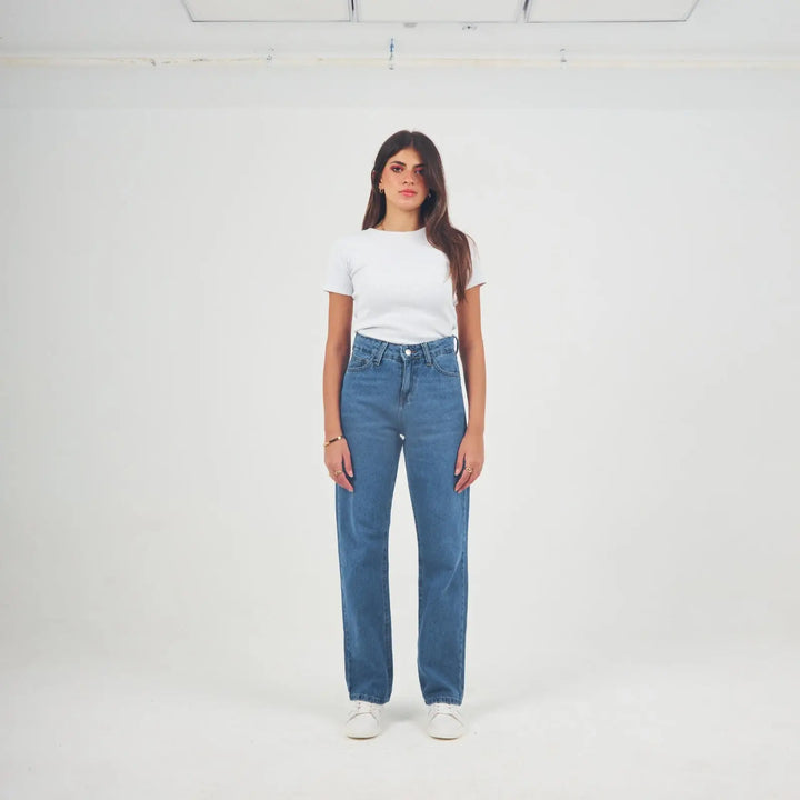 High-Waist Medium Washed Slim Straight Leg Jeans.