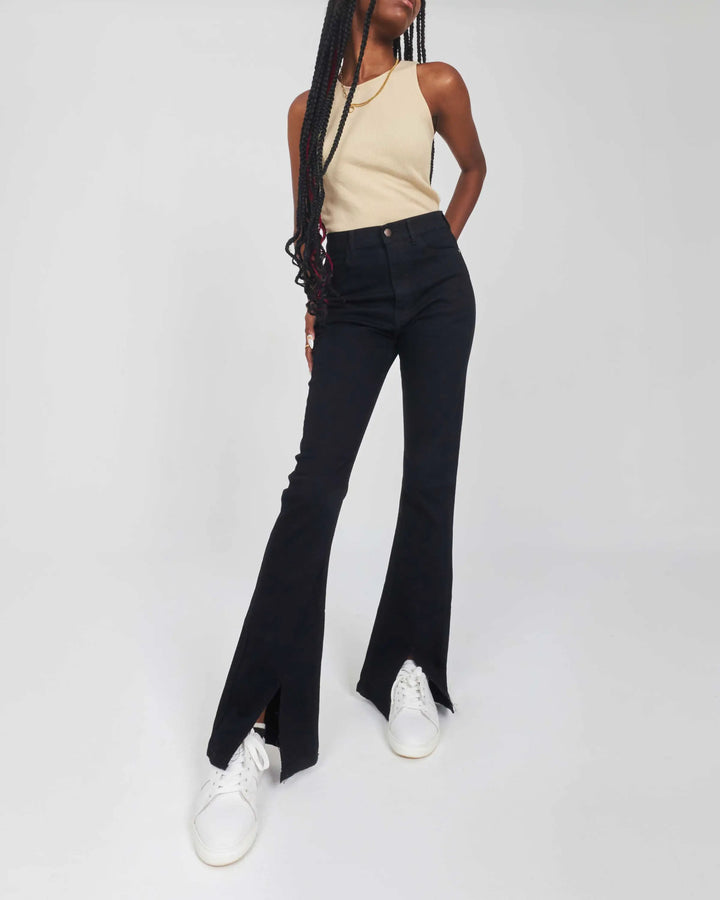 High-Waist Navy Blue Front Split Hem Boot-Cut Jeans.