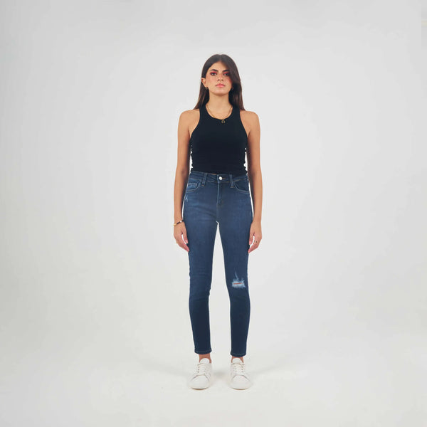 High-Waist Navy Blue Ripped Skinny Jeans.