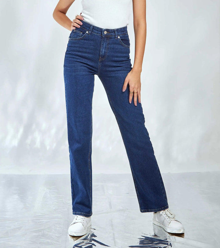 High-Waist Navy Blue Straight Leg Jeans.