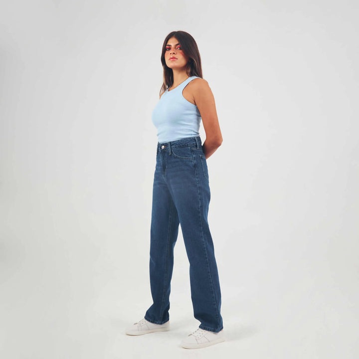 High-Waist Navy Blue Straight Leg Jeans.