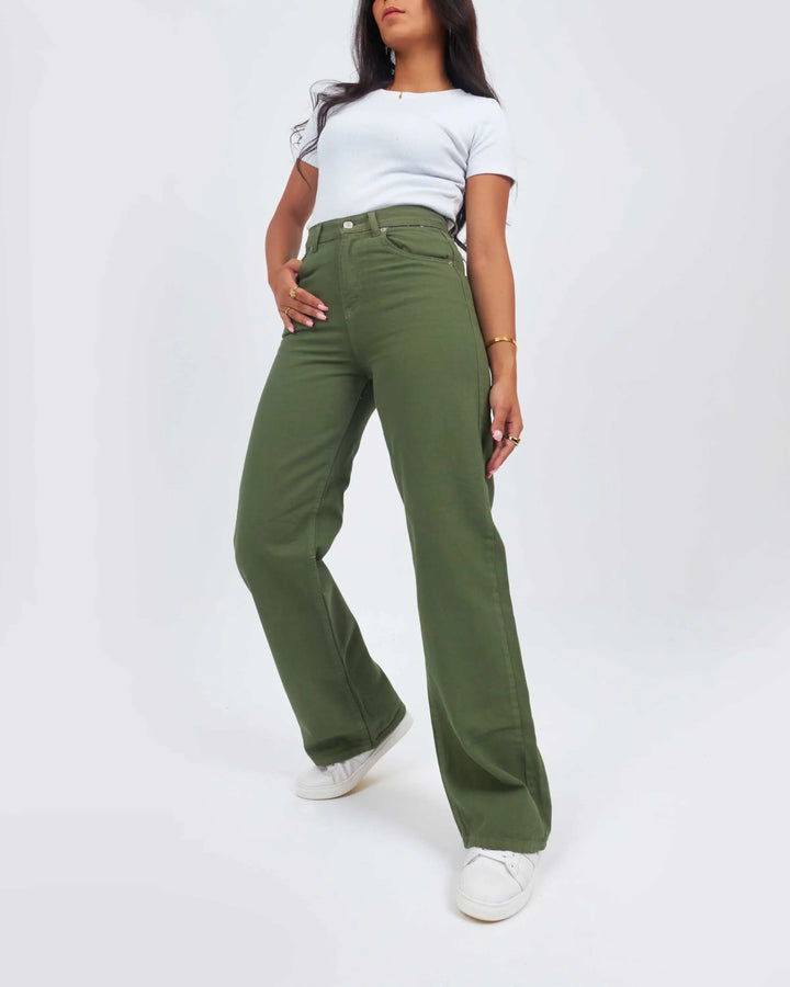 High-Waist Olive Straight Leg Jeans.