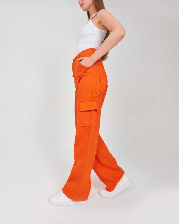 High-Waist Orange Flap Pocket Straight Leg Cargo Jeans.