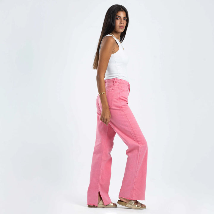 High-Waist Pink Side Split Hem Straight Leg Jeans.