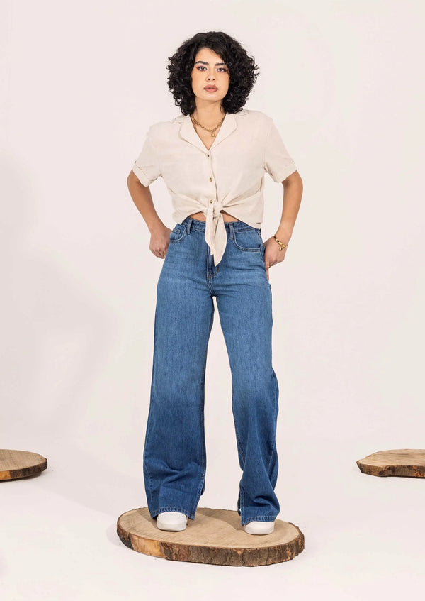 High-Waist Two-Tone Straight Wide Leg Jeans.