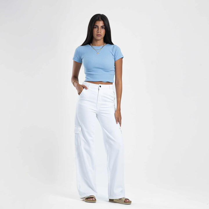 High-Waist White Flap Pocket Wide Leg Cargo Jeans.