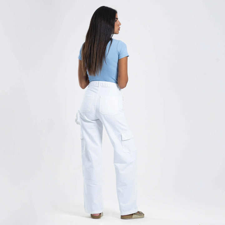 High-Waist White Flap Pocket Wide Leg Cargo Jeans.