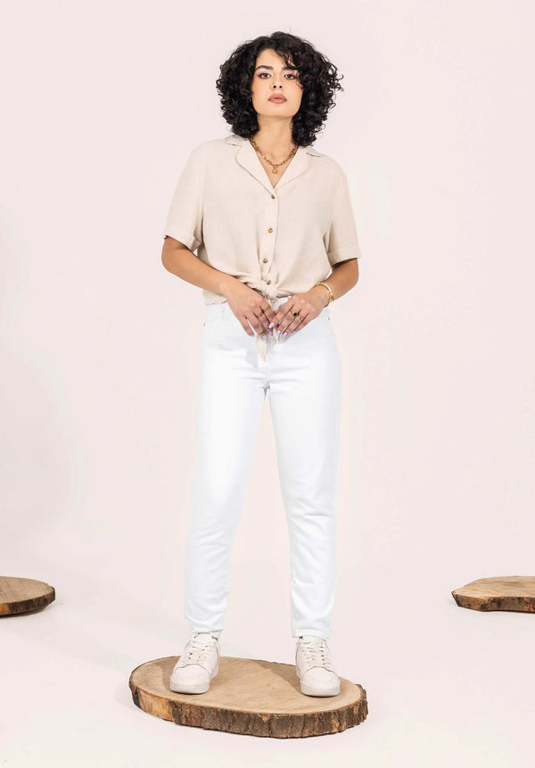 High-Waist White Mom-Fit Jeans.