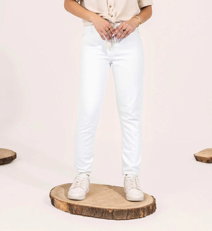 High-Waist White Mom-Fit Jeans.