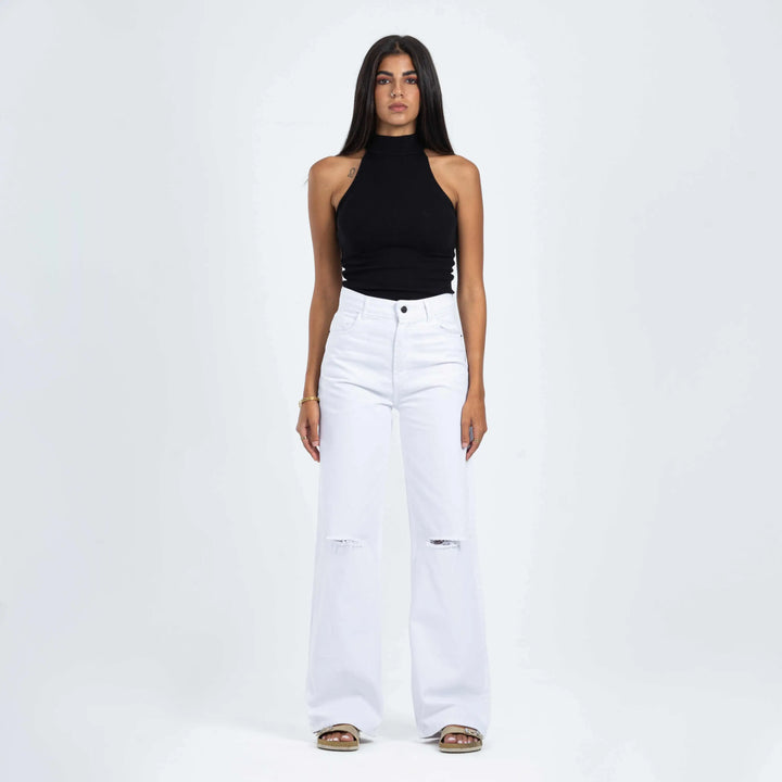 High-Waist White Ripped Straight Leg Jeans.