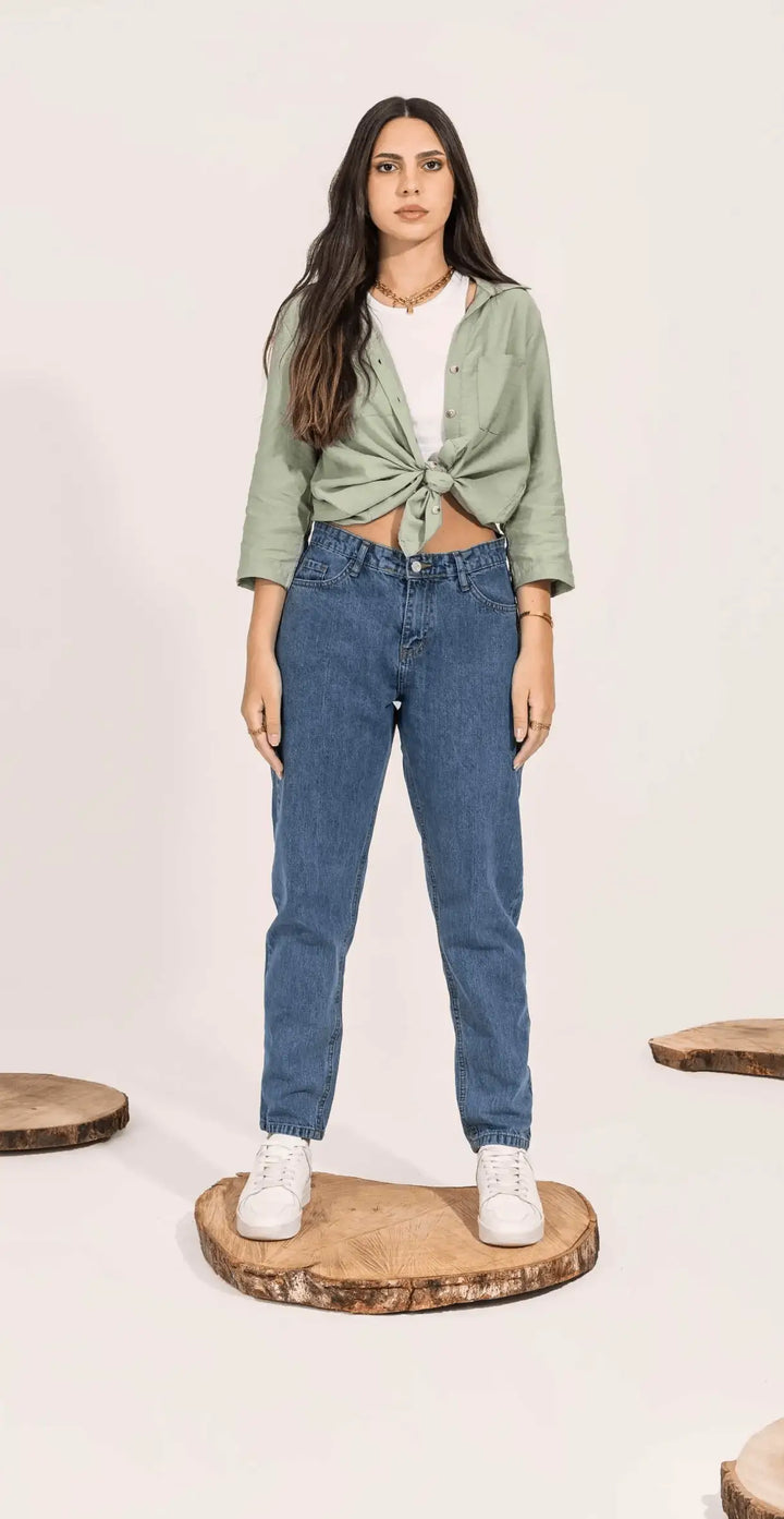 High Wasited Dark Blue Faded Mom Fit Jeans.