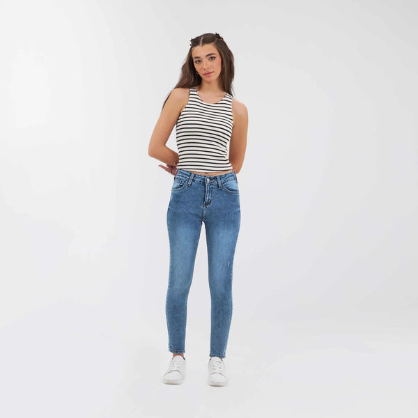 Medium-Waist Medium Wash Degrade Skinny Jeans.