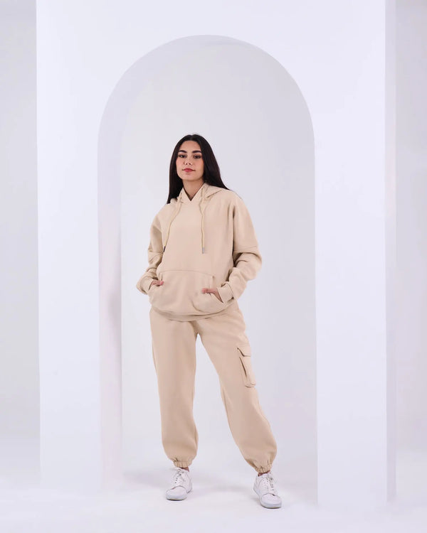 Oversized Beige Hooded Tracksuit.