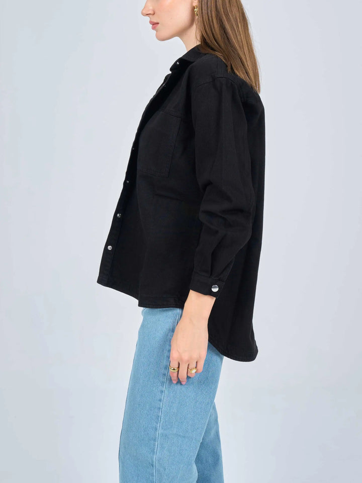 Oversized Black Patch Pocket Denim Shirt Jacket.