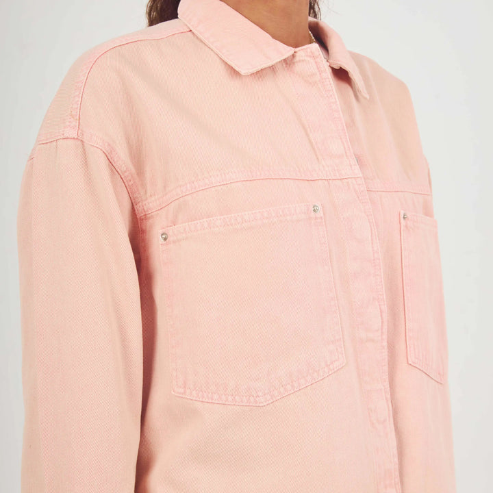 Oversized Pastel Pink Patch Pocket Denim Shirt Jacket.