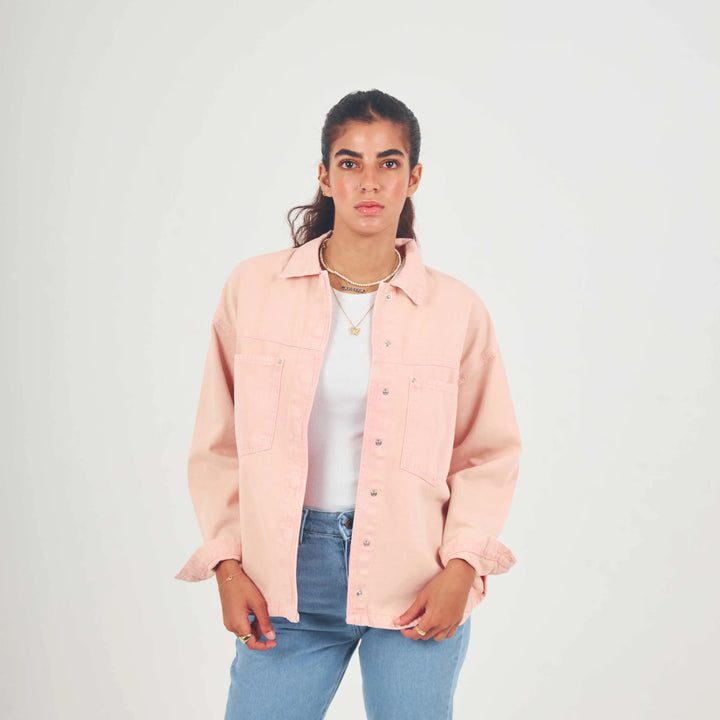 Oversized Pastel Pink Patch Pocket Denim Shirt Jacket.