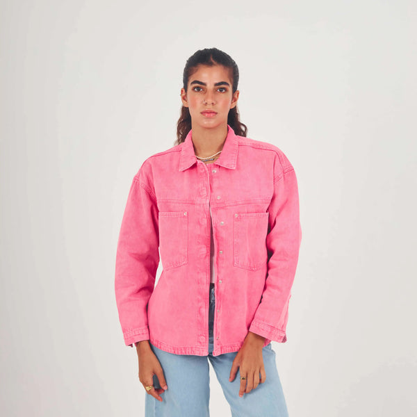 Oversized Pink Acid Wash Patch Pocket Denim Shirt Jacket.