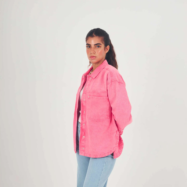 Oversized Pink Acid Wash Patch Pocket Denim Shirt Jacket.
