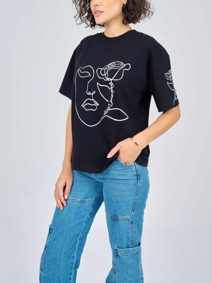 Oversized Printed Black Cotton T-Shirt.