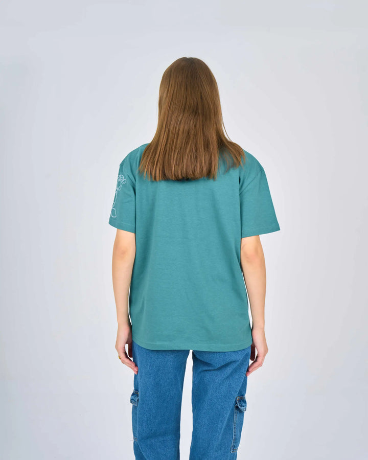 Oversized Printed Turquoise Cotton T-Shirt.