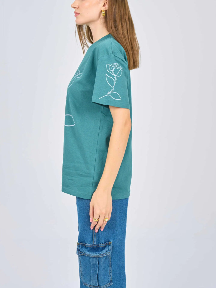 Oversized Printed Turquoise Cotton T-Shirt.