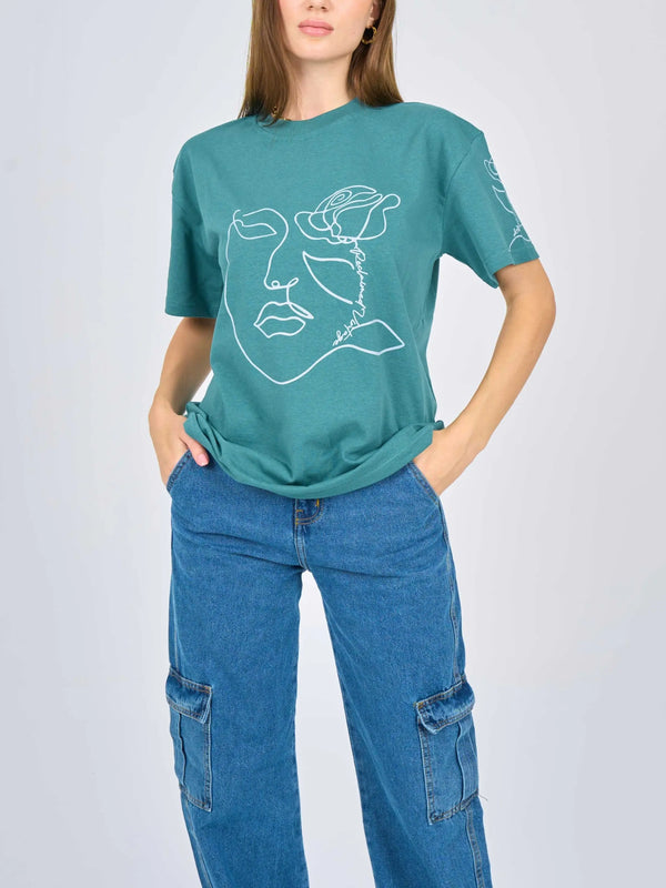 Oversized Printed Turquoise Cotton T-Shirt.