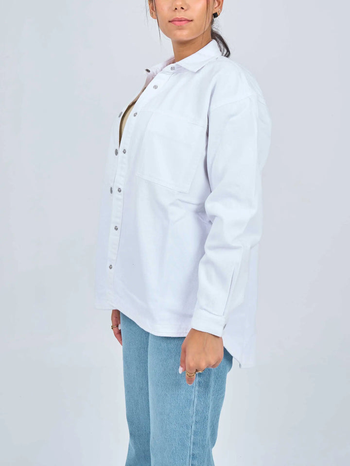 Oversized White Patch Pocket Denim Shirt Jacket.